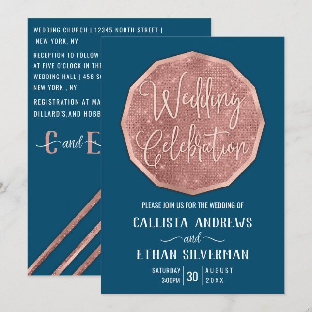 Chic Teal Rose Gold Glitter Polygon Geo Wedding Invitation (Front/Back)