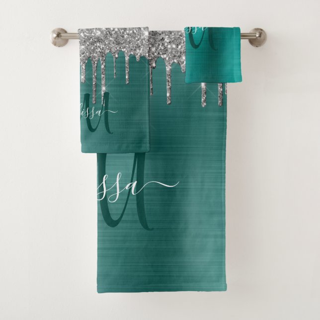 Chic Teal Silver Dripping Glitter Monogram Name Bath Towel Set (Insitu)