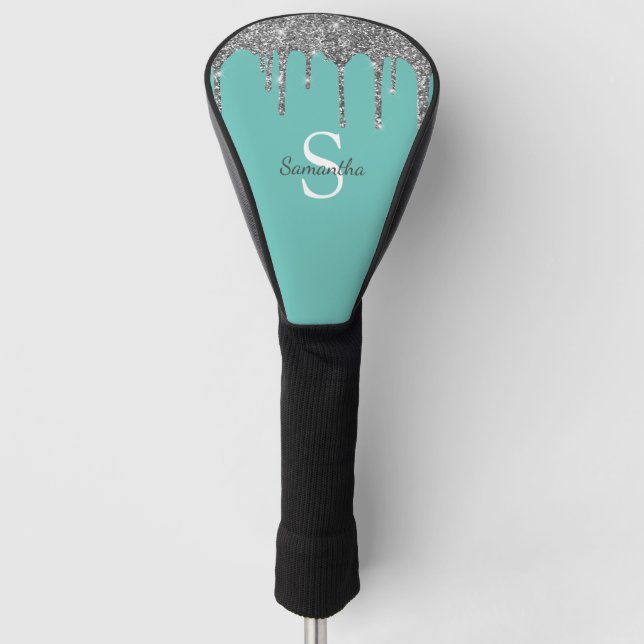 Chic Teal Silver Glitter Drips Monogram Name Golf Head Cover (Front)