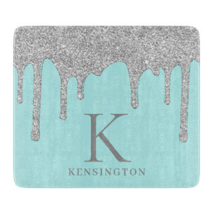 Chic Teal Silver Sparkle Glitter Drips Monogram Cutting Board