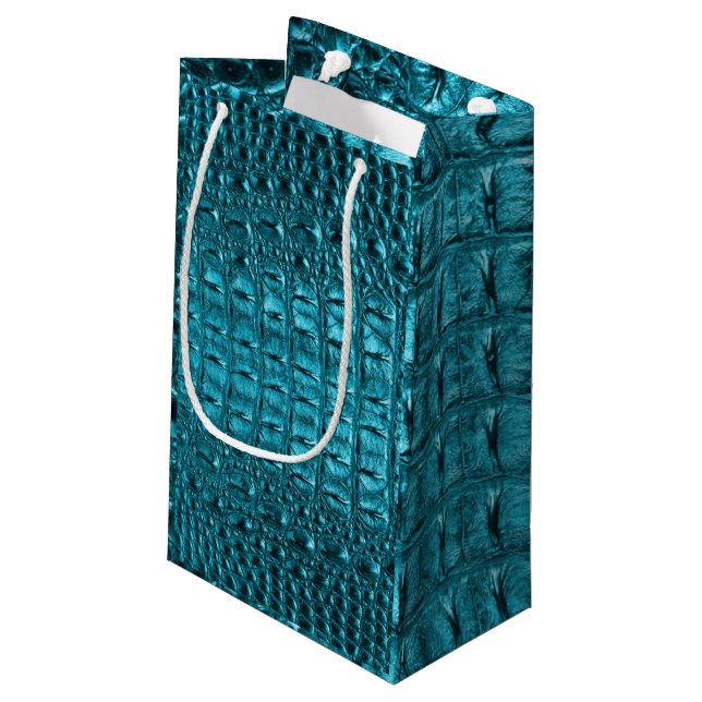 chic teal turquoise alligator print aqua blue small gift bag (Back Angled)