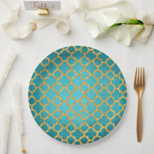 Chic Teal Turquoise Moroccan Quatrefoil Pattern Paper Plate