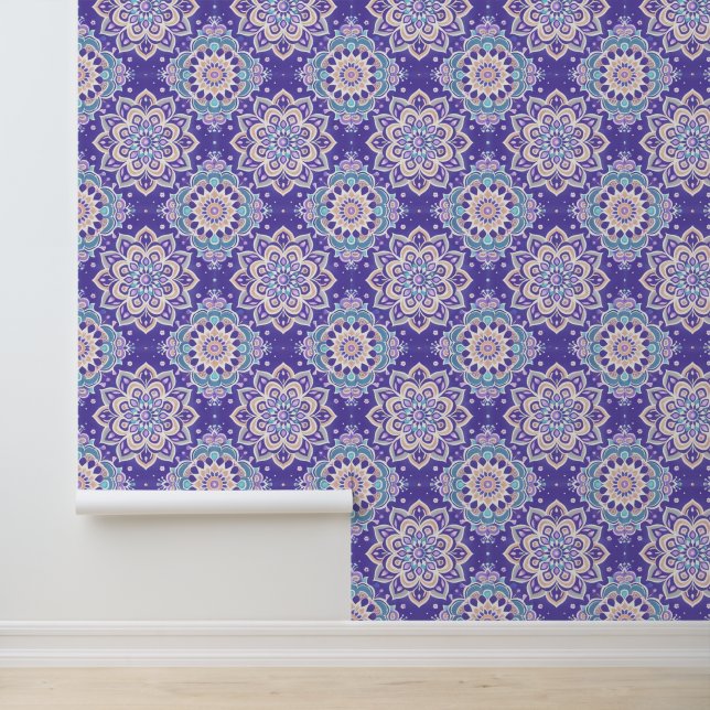Chic Teal White Brown Purple Mandala Peel & Stick Wallpaper (Application)