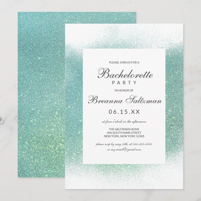 Chic Teal White Glitter Dust Border Bachelorette Invitation (Front/Back)