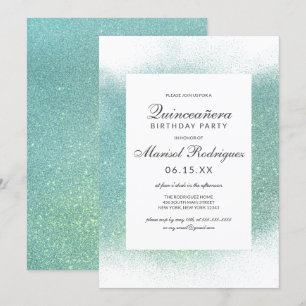 Chic Teal White Glitter Dust Border Quinceañera Invitation