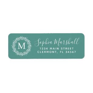 Chic Teal White Monogram Return Address Label
