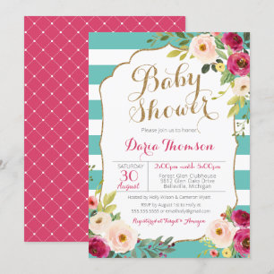 Chic Teal White Stripe Pink Floral Baby Shower Invitation