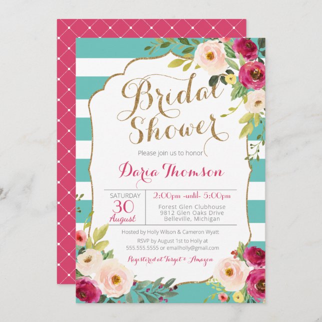 Chic Teal White Stripe Pink Floral Bridal Shower Invitation (Front/Back)