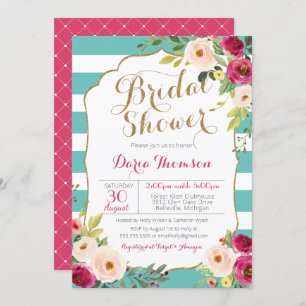 Chic Teal White Stripe Pink Floral Bridal Shower Invitation