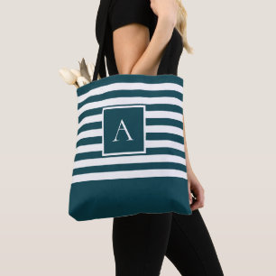 CHIC TEAL WHITE STRIPE Square Letter Monogram Tote Bag