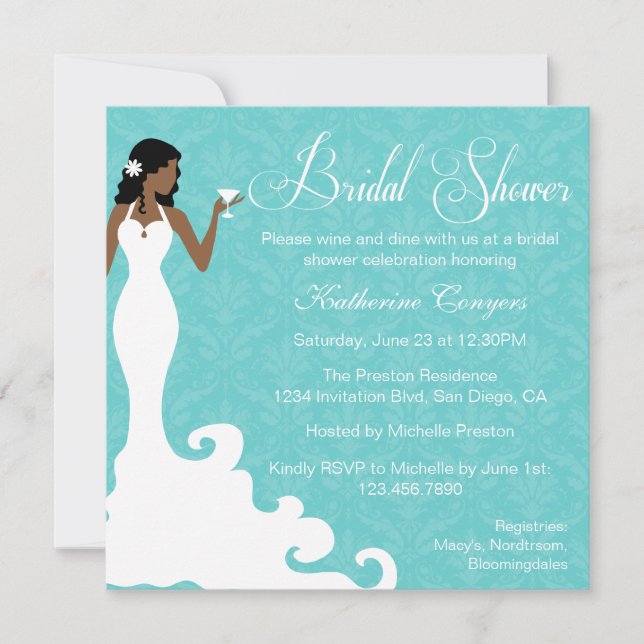 Chic Teal Wine Damask Bridal Shower Invitation (Front)