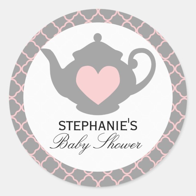 Chic Teapot Pink + Grey Baby Shower Tea Sticker (Front)