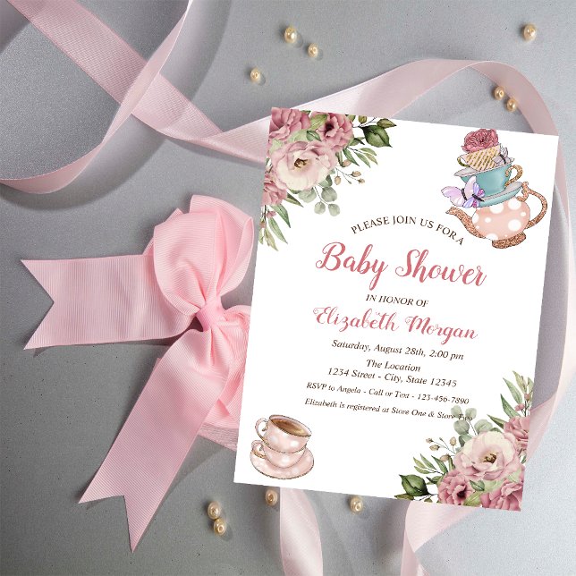 Chic Teapot Tea cup Floral Baby Shower  Invitation (Creator Uploaded)
