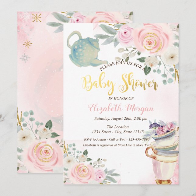 Chic Teapot Tea cup Pink Flowers Baby Shower   Invitation (Front/Back)