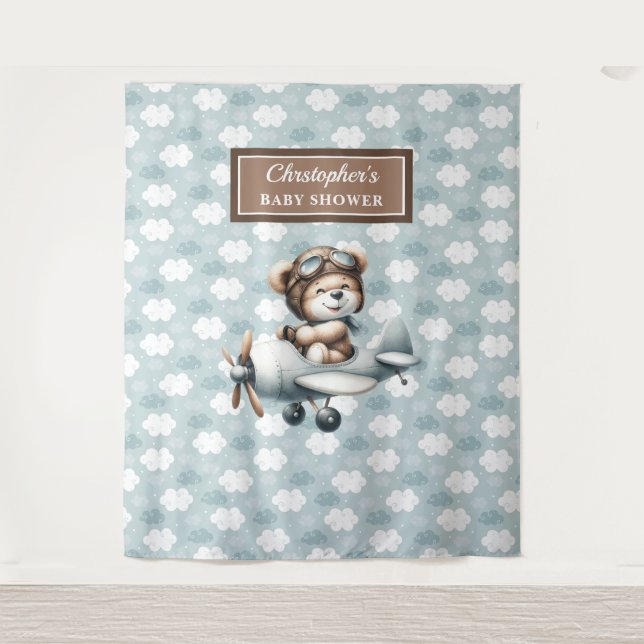 Chic Teddy Bear Pilot Blue Brown Celebration Tapestry (Front)