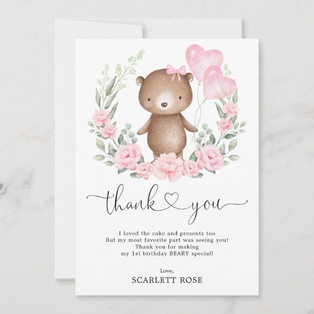 Chic Teddy Bear Pink Floral Balloons Birthday Girl Thank You Card (Front)