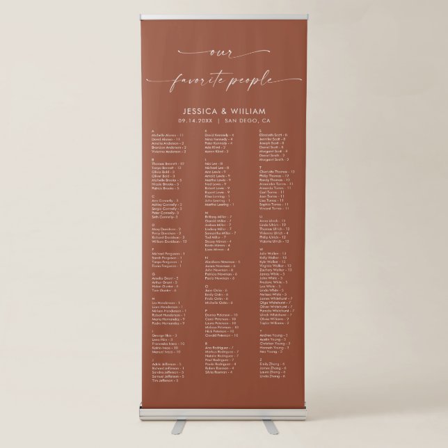 Chic Terracotta Alphabetical Wedding Seating Chart Retractable Banner (Front)