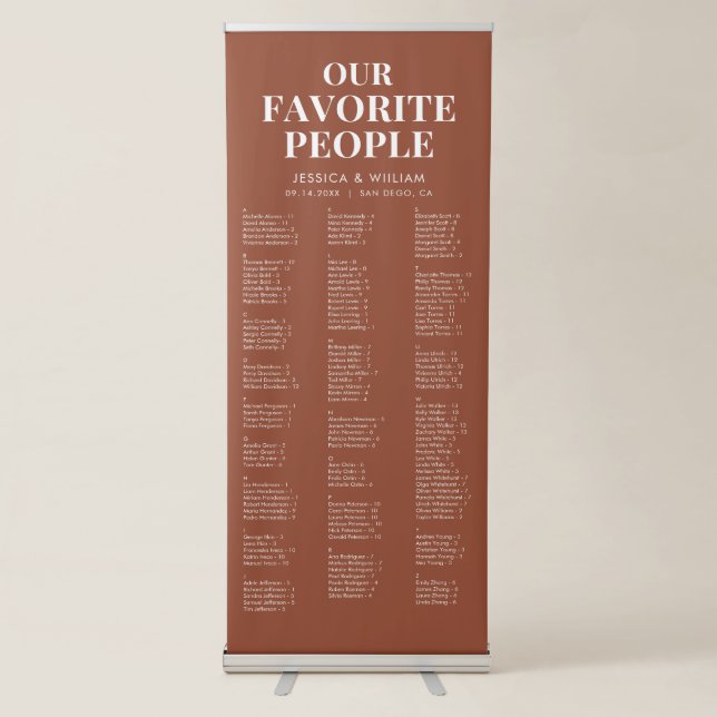 Chic Terracotta Alphabetical Wedding Seating Chart Retractable Banner (Front)