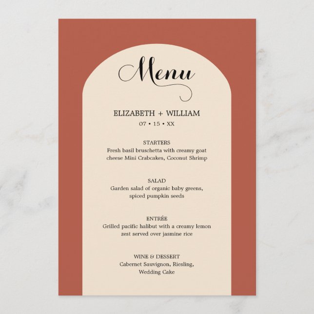 Chic Terracotta Arch Frame Script Wedding Menu (Front)