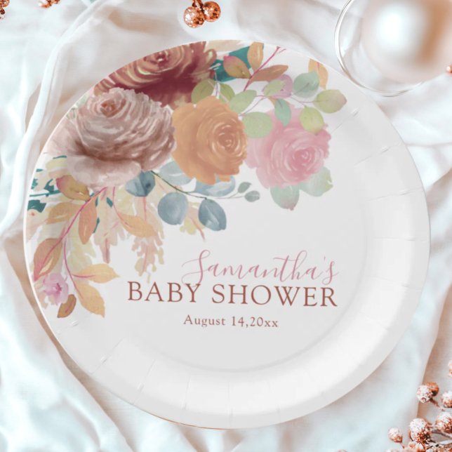 Chic Terracotta & Blush Watercolor Baby Shower  Paper Plate (Creator Uploaded)