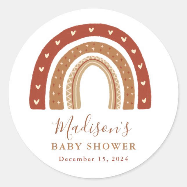 Chic Terracotta Boho Rainbow Baby Shower Classic Round Sticker (Front)