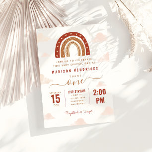 Chic Terracotta Boho Rainbow Clouds Birthday Invitation
