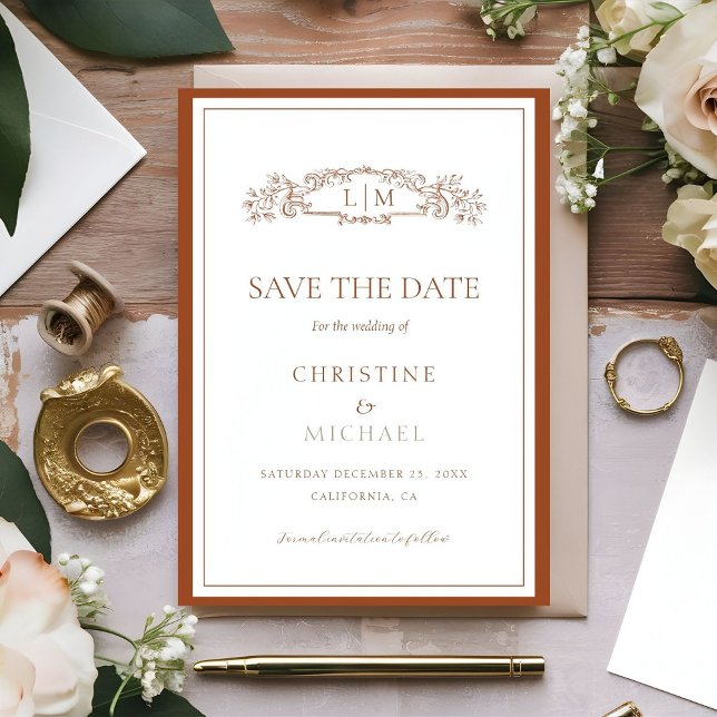 Chic Terracotta botanical crest monogram wedding Save The Date (Creator Uploaded)