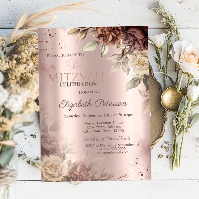 Chic Terracotta Roses Rose Gold Bat Mitzvah  Invitation (Creator Uploaded)