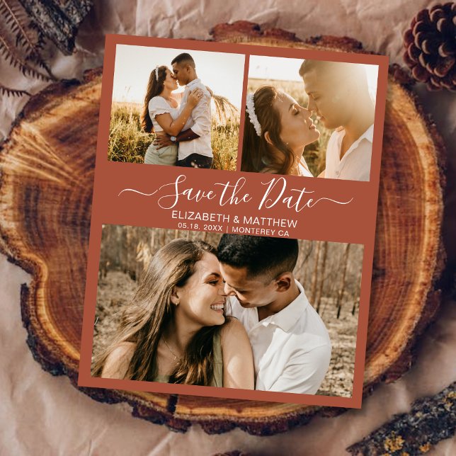Chic Terracotta Script Photo Collage Save The Date Announcement Postcard (Creator Uploaded)