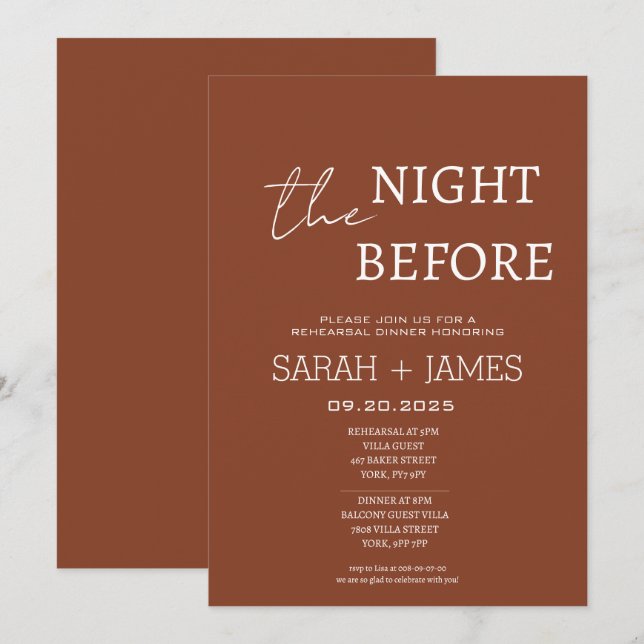 Chic Terracotta the Night Before Rehearsal Dinner  Invitation (Front/Back)