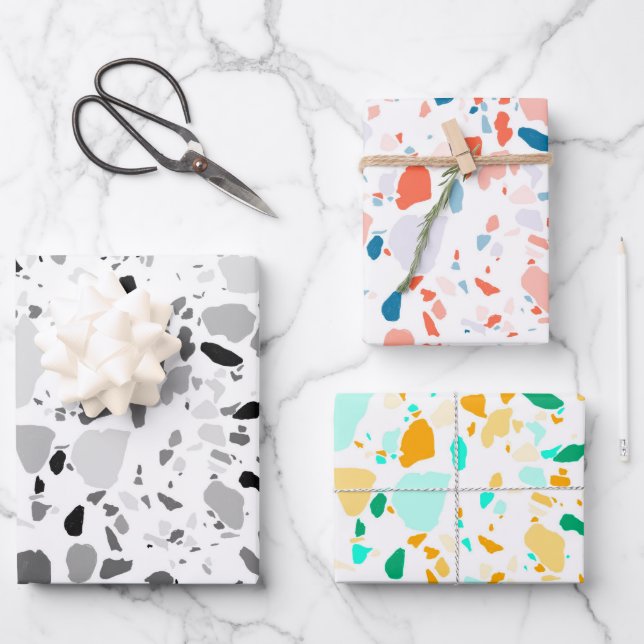 Chic Terrazzo Black Grey Colourful Minimalist Ston Wrapping Paper Sheet (Front)