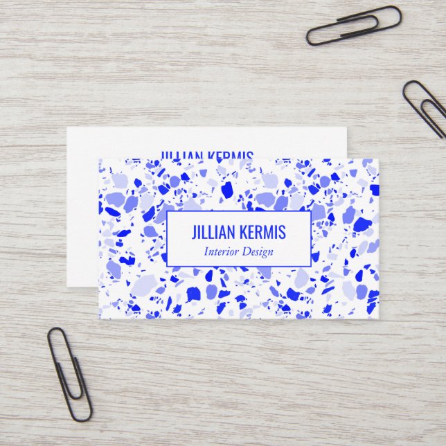 Chic terrazzo elegant Blue White Handmade CUSTOM Business Card (Front/Back In Situ)