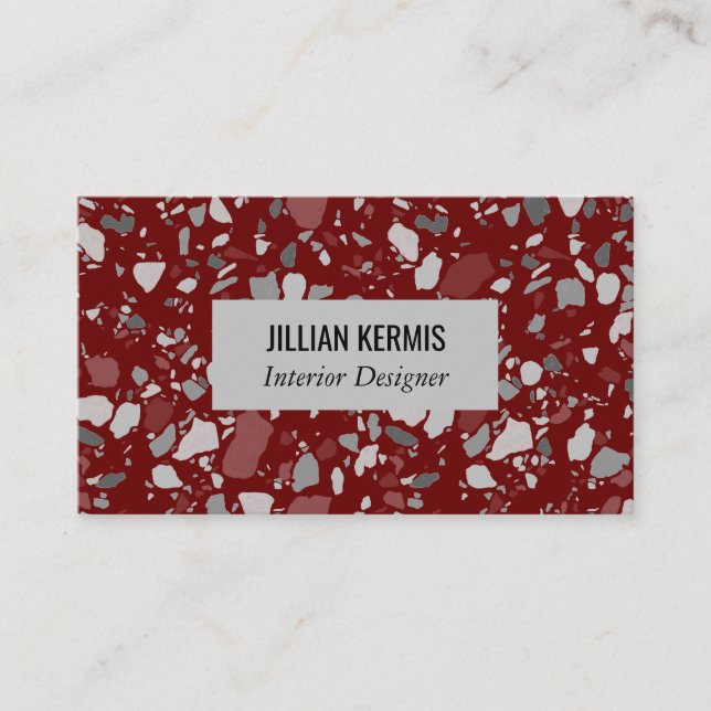 Chic terrazzo elegant grayscale red grey business card (Front)