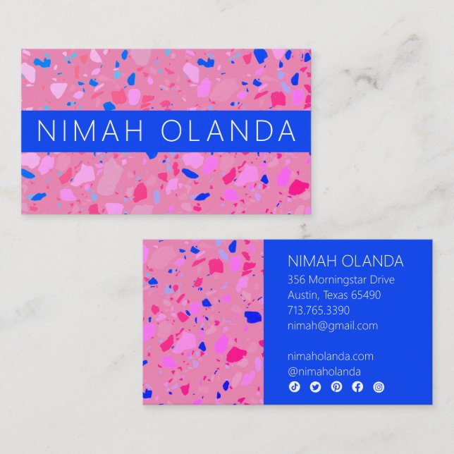 Chic Terrazzo Elegant Handmade Bold Social Icons Business Card (Front/Back)