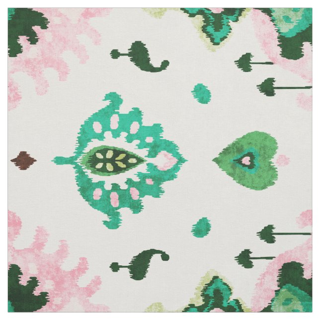 Chic textured green and pink ikat tribal pattern fabric (Swatch)