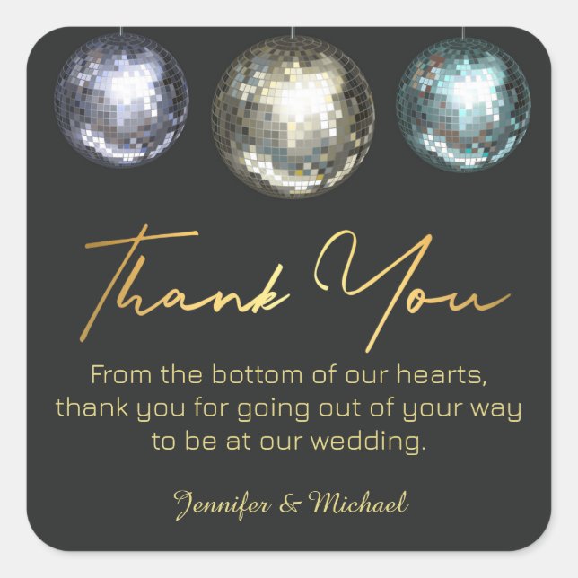 chic thank you 3 disco balls black golden wedding  square sticker (Front)
