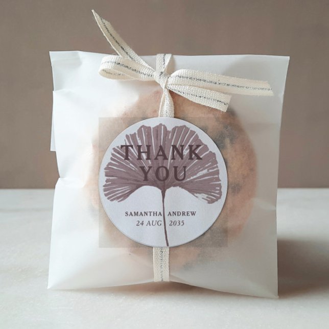Chic Thank You Dusty Rose Ginkgo Wedding Favour Classic Round Sticker (Creator Uploaded)