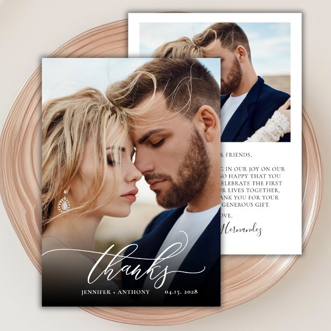 Chic Thanks Script 2 Photo Wedding Thank You Card (Creator Uploaded)