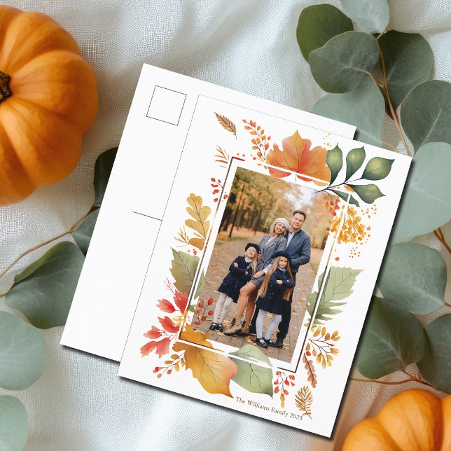 Chic Thanksgiving Family Photo Fall Leaf Border Holiday Postcard (Creator Uploaded)