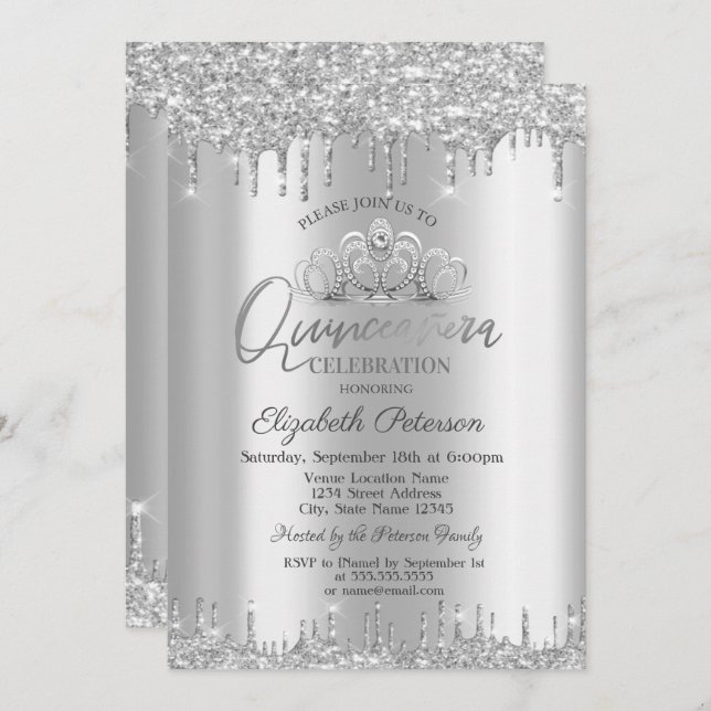 Chic Tiara, Silver Glitter Drops Quinceañera Invitation (Front/Back)