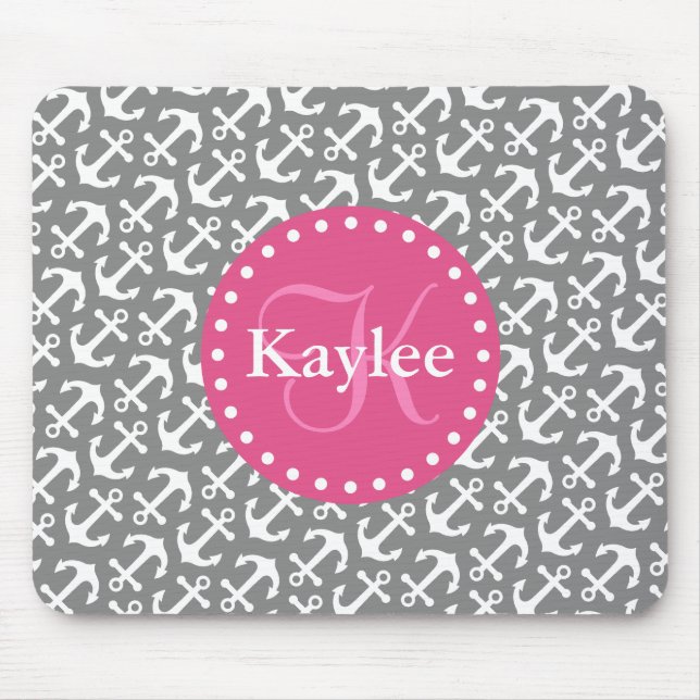 Chic Tilted Anchors Pattern Grey Pink Mouse Mat (Front)