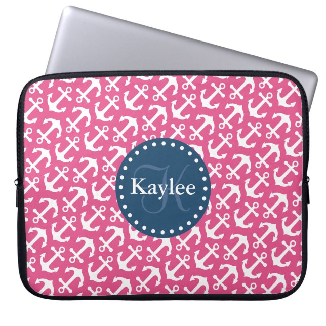 Chic Tilted Anchors Pattern Pink Dark Blue Laptop Sleeve (Front)