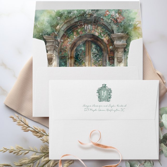 Chic Timeless Eathy, Green Blush Monogram Wedding Envelope (Creator Uploaded)