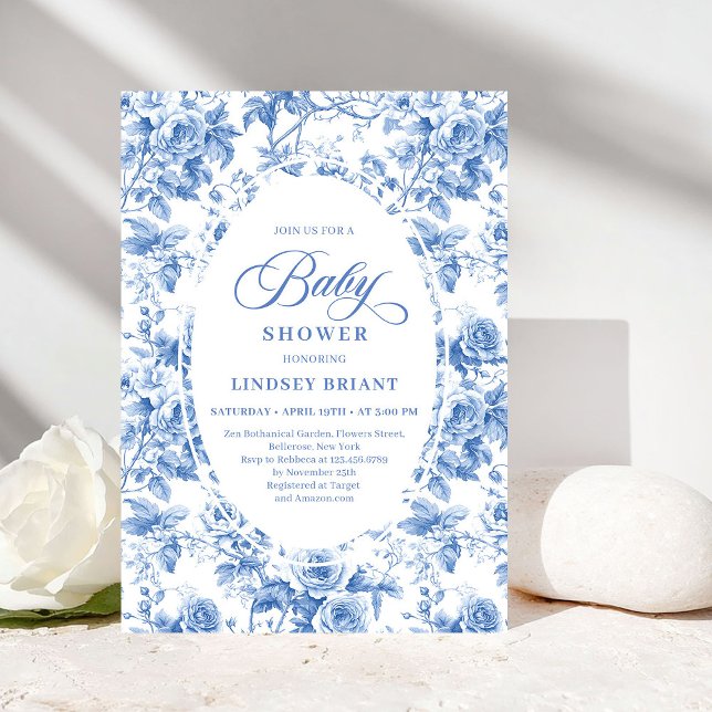 Chic Timeless Royal Blue Toile de Jouy Baby Shower Invitation (Timeless Royal Blue Toile de Jouy Baby Shower Invite)
