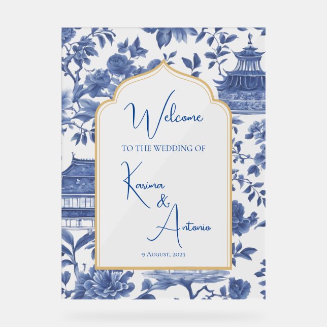 Chic-tique Chinoiserie Acrylic Welcome Sign Blue (Front)