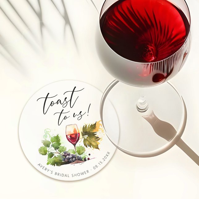 Chic Toast To Us Watercolor Wine Themed  Round Paper Coaster (Creator Uploaded)