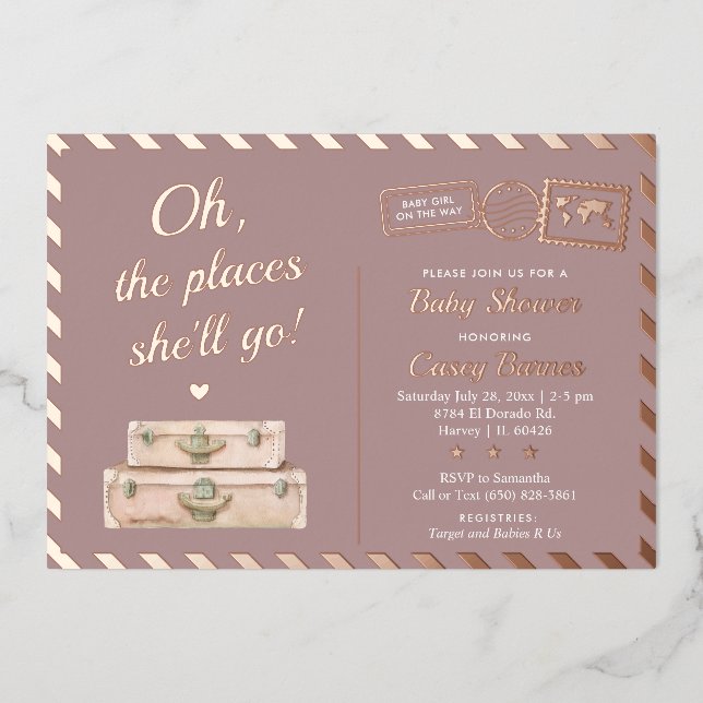 Chic Travel Rose Gold Places She'll Go Baby Shower (Front)