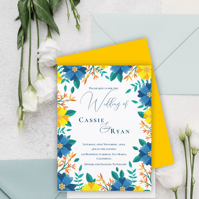 Chic Trendy Blue Yellow Floral Wedding Invitation Postcard (Chic Trendy Blue Yellow Floral Wedding Invitation Postcard)
