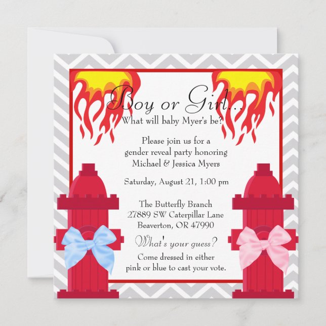 Chic Trendy Fire Fighter Chevron Gender Reveal Invitation (Front)