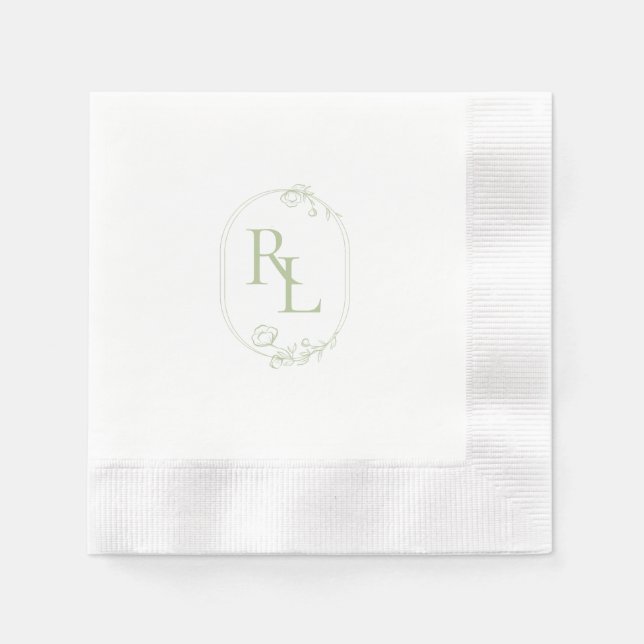 Chic & Trendy Green Floral Monogram Wedding  Napkin (Front)